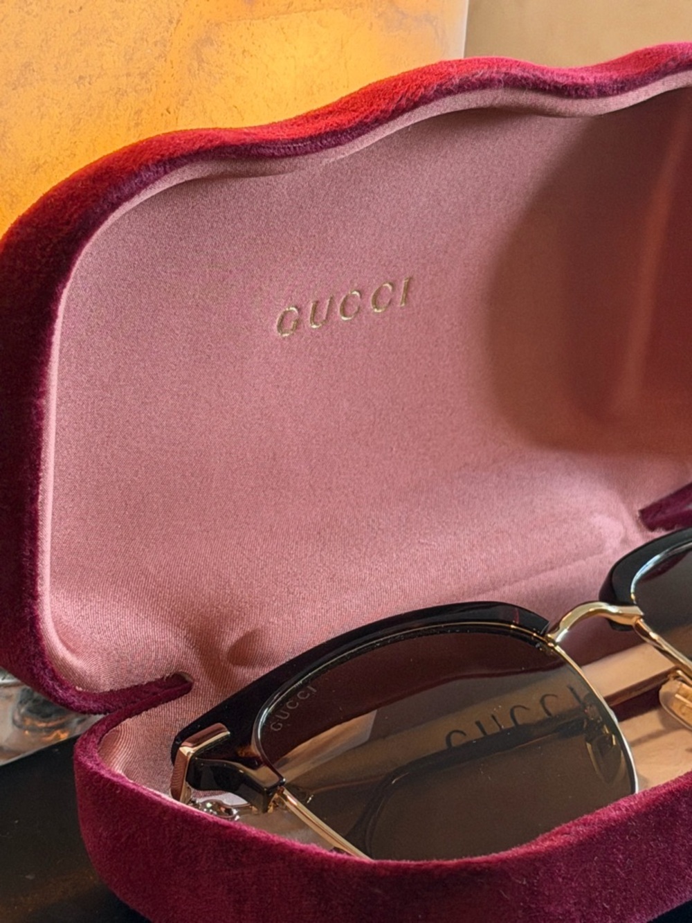 Gucci Burgundy Velvet Sunglasses Case with Gold-Trimmed Sunglasses